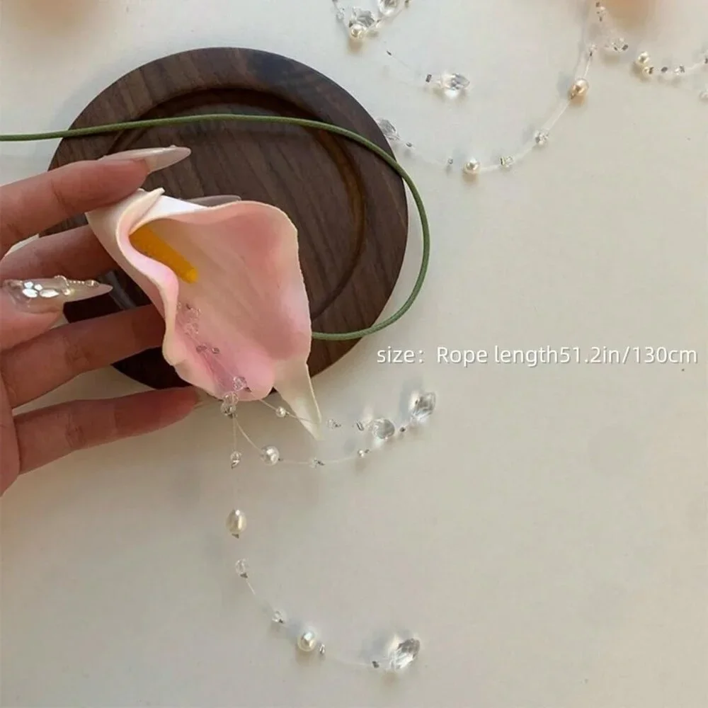 Flower Necklace Women Calla Lily Pearl Tassel Adjustable Ribbon Jewelry - Picture 5 of 6